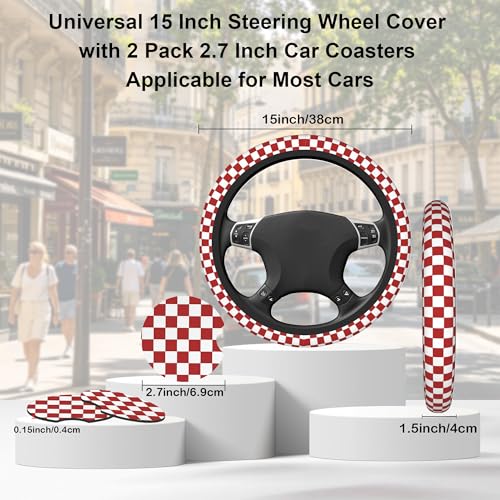 Checkered Steering Wheel Cover,Red White Checkered Universal 15" Elastic Car Steering Wheel Cover with 2 PCS Car Coasters,Anti-Slip Breathable Accessories for Auto,SUVs,Truck - color: Checkered
