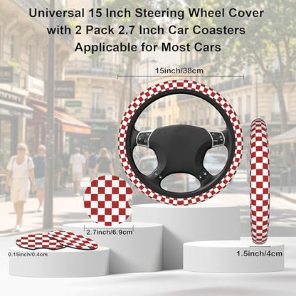 Checkered Steering Wheel Cover,Red White Checkered Universal 15" Elastic Car Steering Wheel Cover with 2 PCS Car Coasters,Anti-Slip Breathable Accessories for Auto,SUVs,Truck - color: Checkered