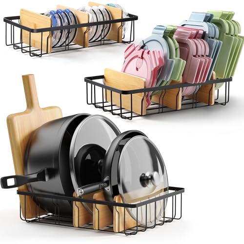 3-Pack Adjustable Lid Organizers - Large Kitchen Cabinet Organizer for Food Storage Container and Tumbler Cup Lids with 9 Bamboo Dividers - Organizers in Cabinet Kitchen/Pantry/Laundry Room - size: 3-Pack Small & Medium & Large