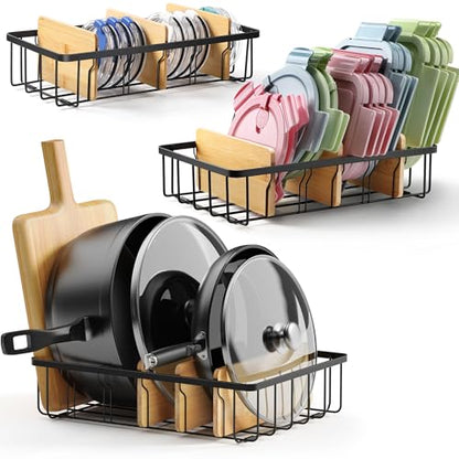 3-Pack Adjustable Lid Organizers - Large Kitchen Cabinet Organizer for Food Storage Container and Tumbler Cup Lids with 9 Bamboo Dividers - Organizers in Cabinet Kitchen/Pantry/Laundry Room - size: 3-Pack Small & Medium & Large