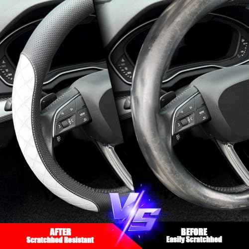 Nappa Leather Steering Wheel Cover, Elegant Diamond Checkered Design, Non-Slip wear-Resistant, Enhance Driving Comfort, Suitable for Steering Wheel Diameter 14 1/2‘-15’ Models.Black White - color: Black White