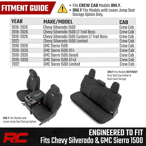 Rough Country Neoprene Seat Covers for Chevy Silverado & GMC Sierra 1500 (2019-2026) w/No Rear Seat Storage or Cup Holder - Waterproof & UV Resistant, Foam Padded, Front & Rear Row Cover Set