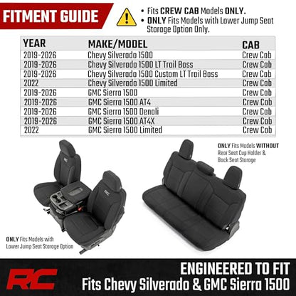 Rough Country Neoprene Seat Covers for Chevy Silverado & GMC Sierra 1500 (2019-2026) w/No Rear Seat Storage or Cup Holder - Waterproof & UV Resistant, Foam Padded, Front & Rear Row Cover Set