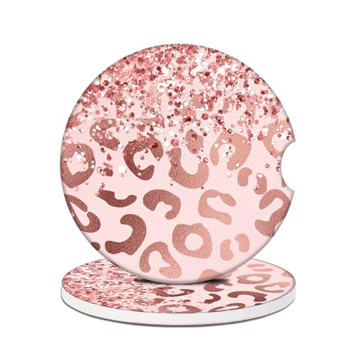 2 Pack Car Cup Holder Coasters - Pink Leopard Glitter Absorbent Ceramic Coaster, Car Coasters for Cup Holders, Car Interior Accessories for Women Men - color: Pink Ombre Leopard Glitter