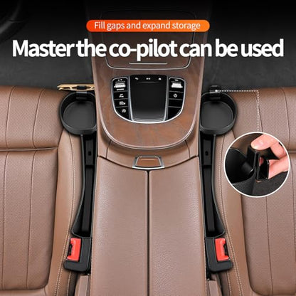 Car Seat Gap Filler Organizer, 2PCS Car Seat Gap Plug with Storage Slot, 3-in-1 Seat Gap Filler with Cup Holder & Hooks, Car Interior Organizer for Sedans SUVs Trucks, Black (2)