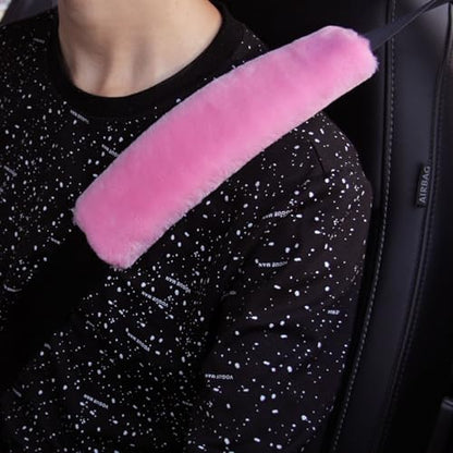 1 Set 6 Pcs Fluffy Car Steering Wheel Cover & Seat Belt Shoulder Pads & Handbrake Cover & Gear Shift Cover Set & Seat Belt Shoulder Pads Faux Wool Universal Fit Car Interior Accessories (Pink) - color: Pink