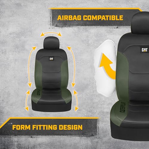 CAT Flexfit Green Black Seat Covers for Cars, Trucks, & SUV - (2) Front Car Seat Cover Front Seat Protectors - Airbag Compatible Seat Covers for SUV Interior Covers & Truck Seat Cover Car Accessories