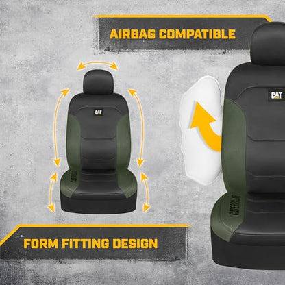 CAT Flexfit Green Black Seat Covers for Cars, Trucks, & SUV - (2) Front Car Seat Cover Front Seat Protectors - Airbag Compatible Seat Covers for SUV Interior Covers & Truck Seat Cover Car Accessories