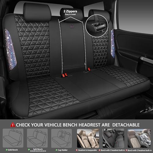 CAR PASS Bling Diamond Black Leather Car Seat Covers Full Set Interior Sets, Waterproof Shining Glitter Sparkly Crystal Armrest Fit Automotive Truck SUV Cute Women Girl, Bedazzed Iridescent Rhinestone - color: Bedazzed Rhinestone, size: Full Set