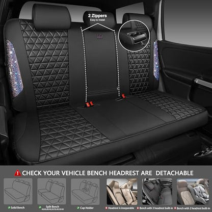 CAR PASS Bling Diamond Black Leather Car Seat Covers Full Set Interior Sets, Waterproof Shining Glitter Sparkly Crystal Armrest Fit Automotive Truck SUV Cute Women Girl, Bedazzed Iridescent Rhinestone - color: Bedazzed Rhinestone, size: Full Set