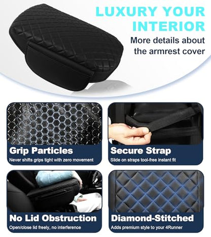 Armrest Cover for Toyota 4Runner Center Console Pad with Organizer Storage Pockets, Black Faux Leather Arm Rest Lid Protector Cushion Interior Accessories (2003-2009)