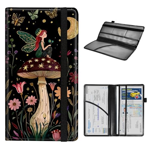 Car Registration and Insurance Holder for Women Men,Automobile License Document Card Holders Vehicle Glove Box Organizer Leather Accessories Driver Essential,Mushroom Moon Flower and Fairy - color: Mushroom Moon Flower and Fairy