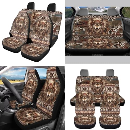 Horeset Aztec Wolf 11 Pieces Car Seat Cover with Headrest Cover Cup Coasters Handbrake Gear Shift Sleeve and Lanyaeds Key Chain Universal Fit Most Cars SUV Van Sedan - color: Aztec Wolf