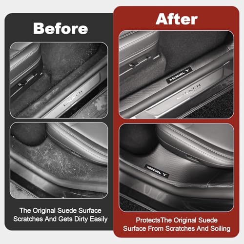8PCS Door Sill Protector for 5-Seats Tesla Model Y Juniper 2025-2026 - Anti-Kick Carbon Fiber Pattern Entry Guard - Anti-Scuff Waterproof Door Cover - No Drill Installation ABS Hard Interior Kick Pad