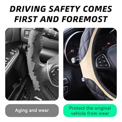 15 Inch Car Leather Steering Wheel Cover, Automotive Accessories Elastic Breathable Anti-Slip Soft Wheel Protector Fits Men and Women, Suitable for SUVs, Trucks, Vehicles and RVs (Beige) - color: Beige