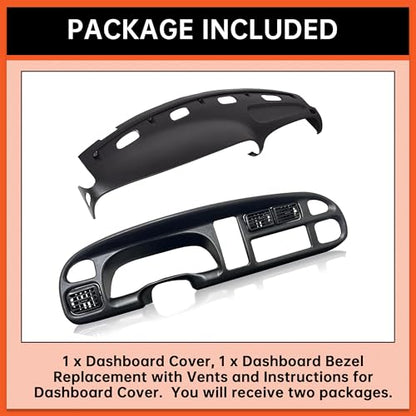 ECOTRIC Bezel Cover Instrument W/Vent & Dashboard Overlay Cover Kit Compatible with 1998-2002 Dodge Ram 1500 2500 3500 Bezel & Dash Board Cover Replacement Black - size: Bezel Cover W/ Vents & Dashboard Cover