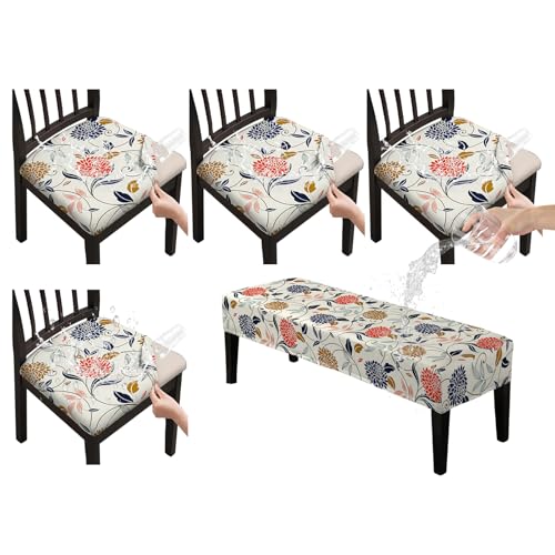 KRFOONN Waterproof Seat Covers for Dining Room Chairs Set of 4 with Bench Cover Washable Dining Chair Covers Removable Kitchen Chair Cushion Slipcovers Protector, A13 - color: Color A13