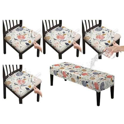 KRFOONN Waterproof Seat Covers for Dining Room Chairs Set of 4 with Bench Cover Washable Dining Chair Covers Removable Kitchen Chair Cushion Slipcovers Protector, A13 - color: Color A13