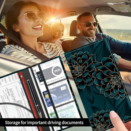 Premium Car Registration and Insurance Card Holder, Cute PU Leather Car Document Holder, Vehicle Glove Box Car Organizer with Magnetic Closure for Driver License, Cards Exquisite Flowers - color: Exquisite Flowers