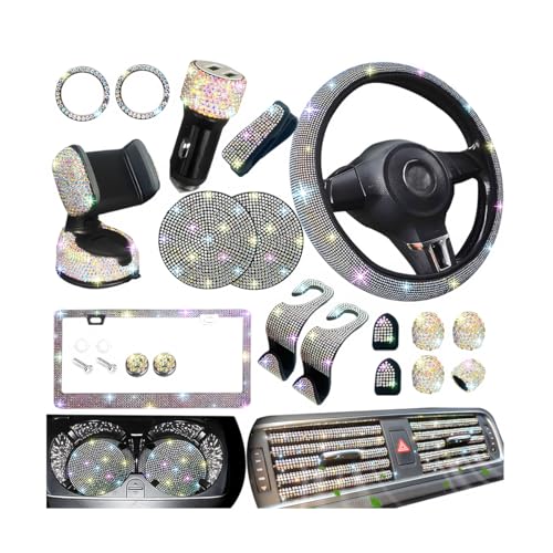 27PCS Bling Car Accessories Set for Women, 14.5-15" Crystal Rhinstone Steering Wheel Cover, License Plate Frame, USB Charger Phone Holder, Girly Auto Decor Set, Universal Fit (Multicolor) - color: Multicolor