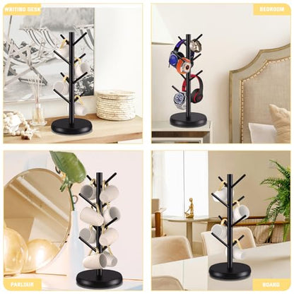 Bamboo Mug Holder Tree - Upgraded 360° Rotating 8 Hooks Coffee Cup Rack, Sturdy No-Tool Assembly Counter Organizer for Mugs, Jewelry & Accessories, Eco-Friendly Wood Stand(Black) - color: Black