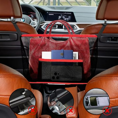 Car Net Pocket Handbag Holder, Organizer Storage Between Front Seats, Large Capacity Auto Seat Back Mesh Pocket Organizer, Car Handbag Holder Between Seats Universal for Most Vehicles (Red)