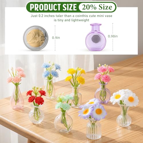 8PCS Mini Glass Vase Refrigerator Magnets with Artificial Flowers, Cute Tiny Flower Fridge Magnets for Refrigerator Office and Kitchen Cabinet Decoration