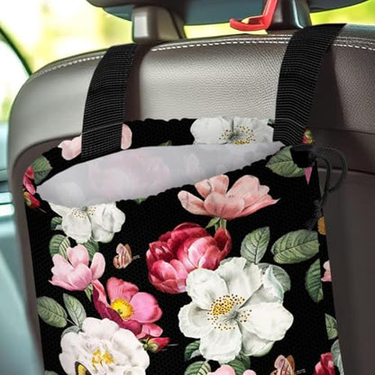 Car Trash Bag Hanging Back of Seat Waterproof Small Cute Printed One-handed Strap Drawstring Garbage Bags for Car-Black Floral - color: Black Floral Car Trash Bag