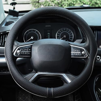 Rueesh Microfiber Leather Steering Wheel Cover Anti-Slip Matte Finish Auto Car Wheel Cover Universal 15 Inch Wheel Cover for Car Embossing Pattern (M (14.5"-15" Diameter), White Line) - color: White