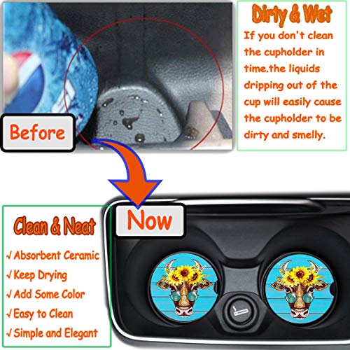 Car Coasters Pack of 2, Fun Sunflower Cow Design Absorb Condensation for Protect The Car Cup Holder and Keep Your car Clean, Small 2.56" Diameter, Easy Removal of Auto Cupholder（Blue Cow） - color: Blue Cow