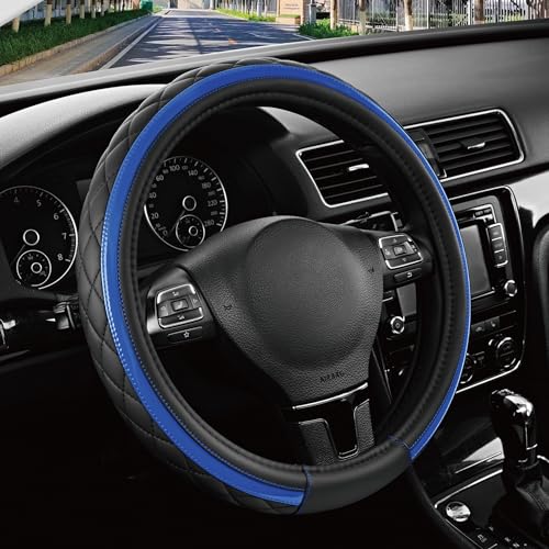 Road Comforts Leather Steering Wheel Cover – Black & Blue, Universal Fit 14.5-15 Inch, Microfiber Leather, Anti-Slip & Breathable Design for Men and Women - color: Blue