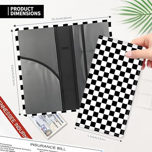 Leather Car Registration and Insurance Card Holder, Cute Car Accessories Vehicle Glove Box Car Organizer for Documents, Cards, License Black White Checkerboard
