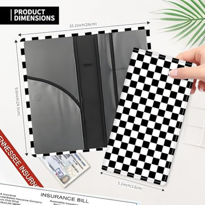 Leather Car Registration and Insurance Card Holder, Cute Car Accessories Vehicle Glove Box Car Organizer for Documents, Cards, License Black White Checkerboard