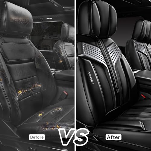 CAR PASS Nappa Leather Car Seat Covers Front Seats, Luxury Cushioned Front Seat Covers, Waterproof Drive Seats Anti-Slip Full Coverage Universal Fit for SUV Truck Sedan Automotive Black (2pcs, Black) - color: Black and Charcoal, size: Two Front Seats