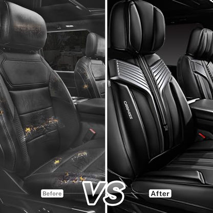 CAR PASS Nappa Leather Car Seat Covers Front Seats, Luxury Cushioned Front Seat Covers, Waterproof Drive Seats Anti-Slip Full Coverage Universal Fit for SUV Truck Sedan Automotive Black (2pcs, Black) - color: Black and Charcoal, size: Two Front Seats
