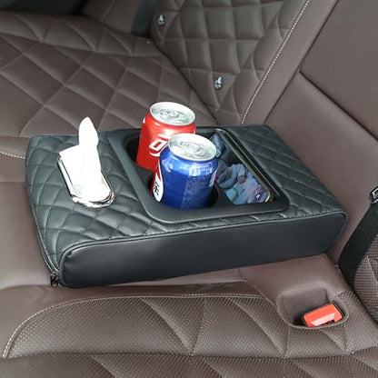 Multi-Functional Adjustable Armrest Cushion - Universal Car Boat Sofa Pad with Built-in Tissue Box & Cup Holder, Faux Leather Storage Organizer for Front/Rear Seats, Yacht, Central Console