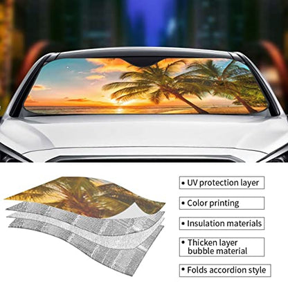 Tropical Island Blue Sky Beach Coconut Tree Sea Windshield Sun Shade Front Protector Folding Car Sun Visor Blocks Uv Rays Keeps Your Vehicle Cool - color: Tropical Island Blue Sky Beach Coconut Tree Sea