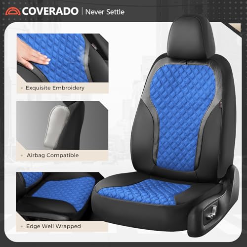 Coverado Seat Covers Full Set, Luxury Diamond Leather Car Seat Cover with Carbon Fiber Textured Design, Waterproof Car Seat Protector, Black&Blue Front and Rear Seat Covers Universal Fit Most Cars - color: BlackBlue, size: Full set