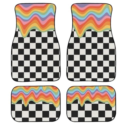 Rainbow Black White Plaid Print Car Floor Mats Set of 4 Checkered Universal Vehicle Floor Carpet Decorative Auto Front Rear Foot Rugs for Trucks SUV Sedan - color: Black White