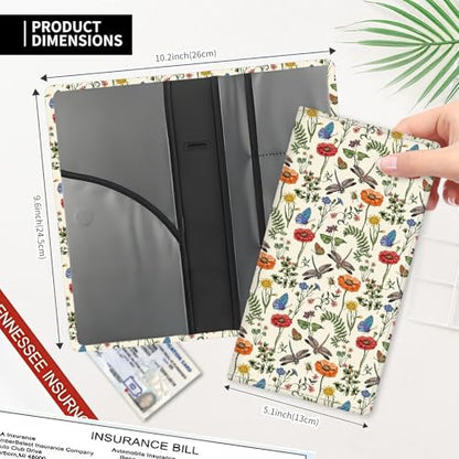 Leather Car Registration and Insurance Card Holder, Cute Car Accessories Vehicle Glove Box Car Organizer for Documents, Cards, License Cute Dragonfly Flowers - color: Cute Dragonfly Flowers