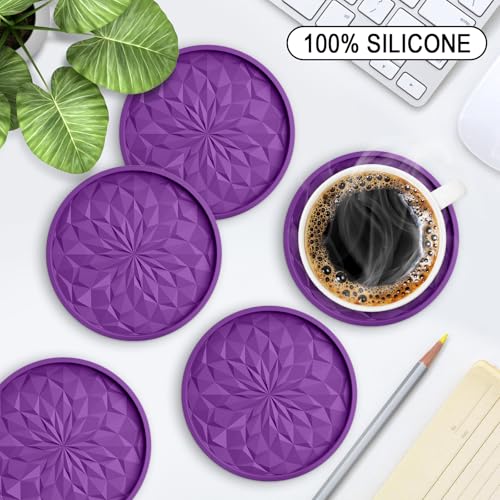 Silicone Coasters with Holder,[6 Pack] Drinking Coasters - Cup Mat for Hot or Cold Drinks, Thickened, Non-Slip, Non-Stick,Deep Tray Dark Purple - color: Dark Purple