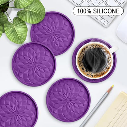 Silicone Coasters with Holder,[6 Pack] Drinking Coasters - Cup Mat for Hot or Cold Drinks, Thickened, Non-Slip, Non-Stick,Deep Tray Dark Purple - color: Dark Purple