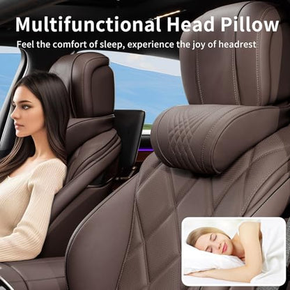 Car Headrest Memory Foam Neck Pillow for Driving with Leather Cover Soft Comfortable Seat Head Pillow Cushion for Most Cars SUV Sedan Home Office Brown (2PC)