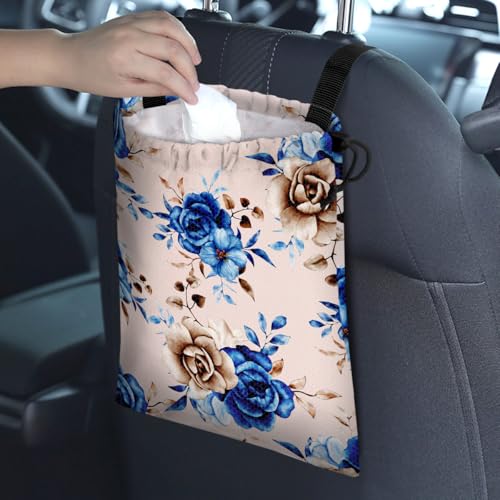 Car Trash Bag Hanging Back of Seat Waterproof Small Cute Printed One-Handed Strap Drawstring Garbage Bags for Car-Blue Rose - color: Blue Rose Car Trash Bag