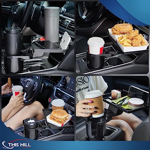 Cup Holder Tray for Car, 2 in 1 Detachable Car Food Table Tray with Solid Base & Phone Slot,Car Cup Holder Expander with 360°Rotation Tray for Travel Road Essentials