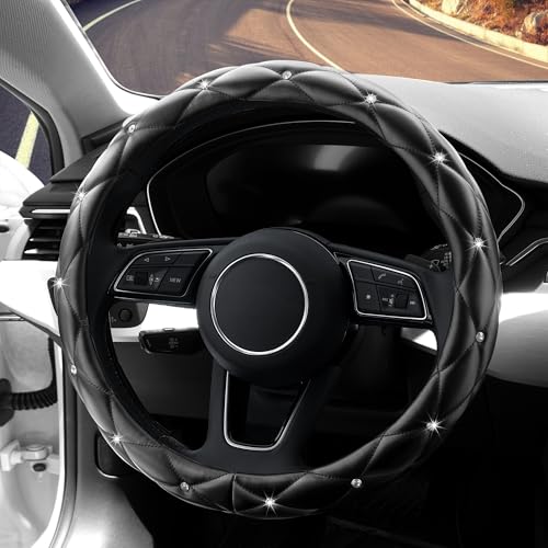 YOGURTCK Diamond Soft Leather Anti-Slip Steering Wheel Cover with Bling Bling Crystal Rhinestones, Universal 15 Inch for Women Girls, Fit Vehicles, Sedans, SUVs, Vans, Trucks - Black - color: A-Black