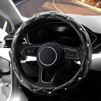YOGURTCK Diamond Soft Leather Anti-Slip Steering Wheel Cover with Bling Bling Crystal Rhinestones, Universal 15 Inch for Women Girls, Fit Vehicles, Sedans, SUVs, Vans, Trucks - Black - color: A-Black