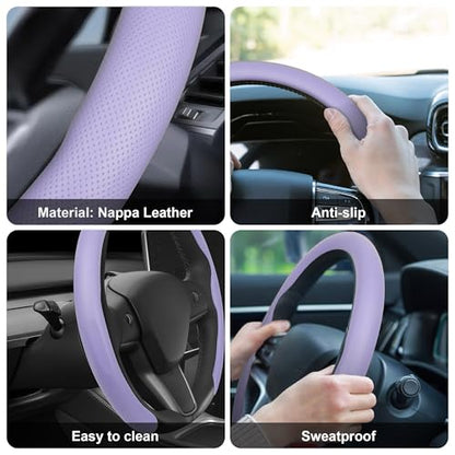 Nappa Leather Steering Wheel Cover,Universal Fit 15 Inch-Premium Non-Slip Breathable Comfort Grip for Cars Trucks SUVs,Anti-Slip Durable Interior Upgrade Light Purple - color: Light Purple