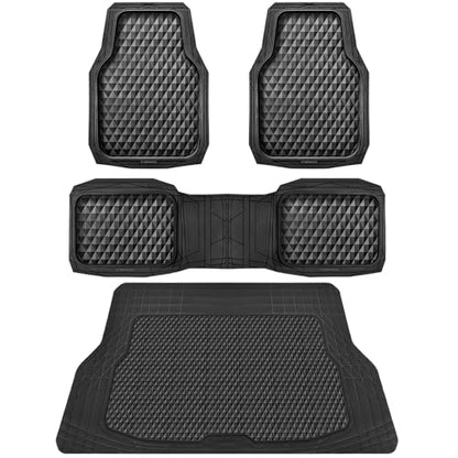 CAR PASS Heavy Duty Rubber Black Car Floor Mats & Cargo Liners, Deep Dish All-Weather Trunk Mats Durable Anti-Slip 3D Rhombus Waterproof Trim to Fit Liner Universal Fit Auto,Sedan,SUV,Truck, Black - color: black with cargo liner