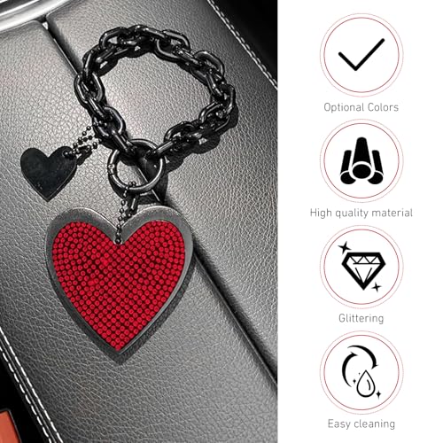 Cute Heart Keychain, Pretty Bling Key Chain Accessories, Sparkling Diamond-Studded Microfiber Leather Car Keyring Wristlet - color: Red